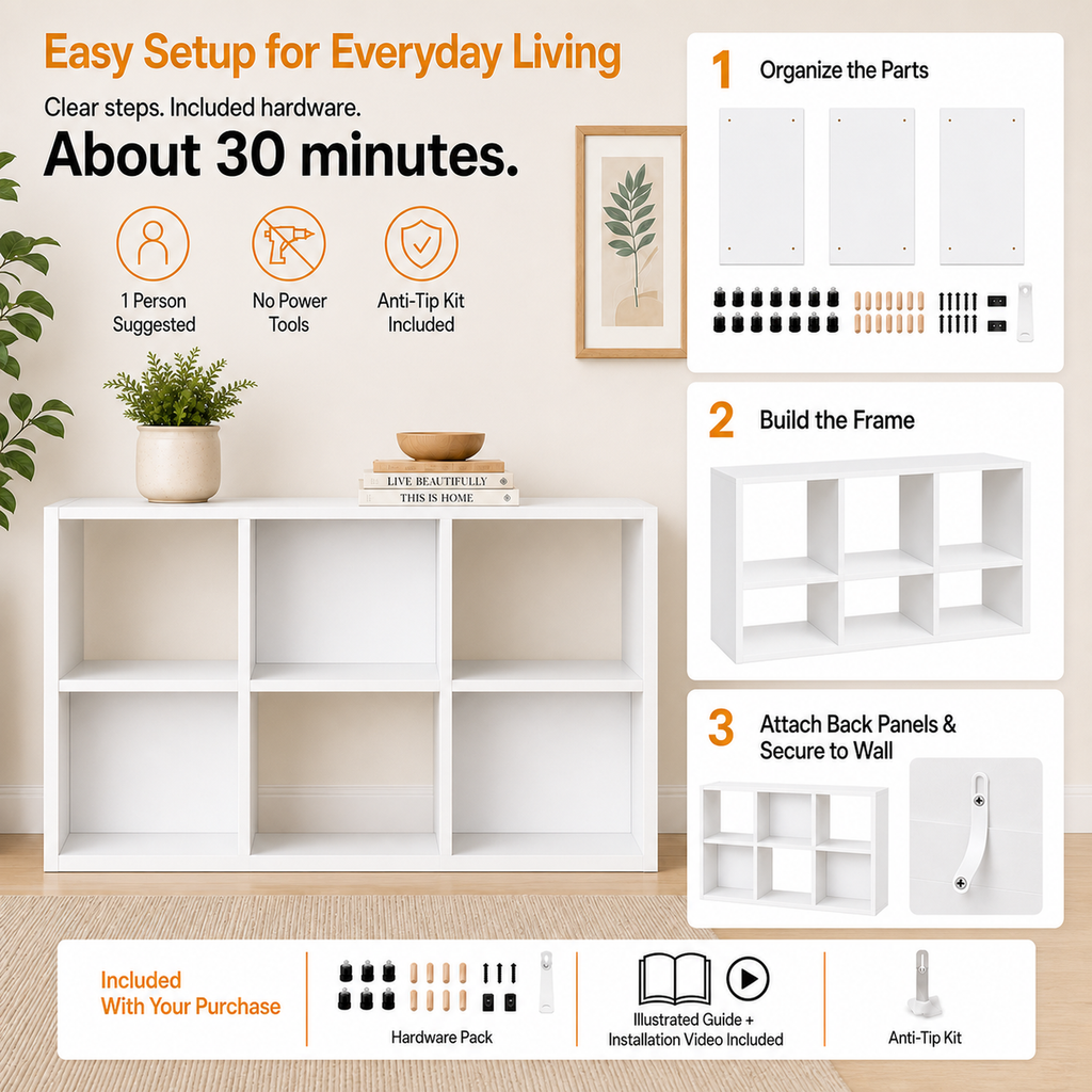 CLOUDREST PRO 6 Cube Storage Organizer, 11-Inch Cube Shelf Bookcase with Removable Back Panels, Horizontal or Vertical, White